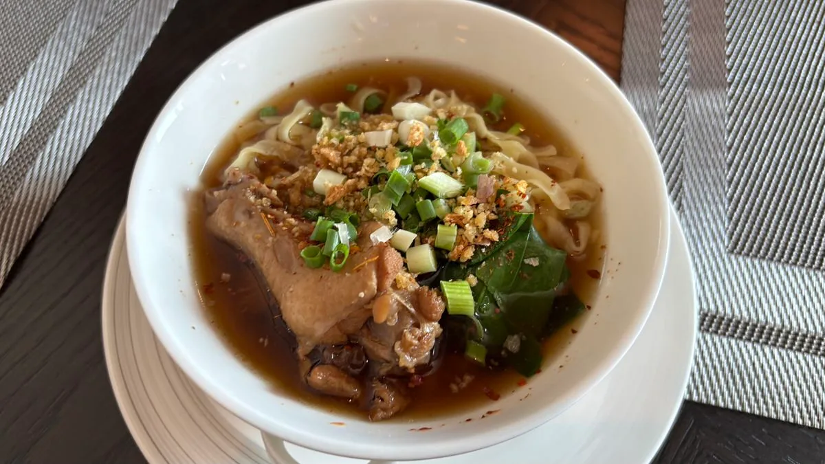 A bowl of egg noodles in dark broth with a piece of chicken, greens, spring onion and fried garlic on top