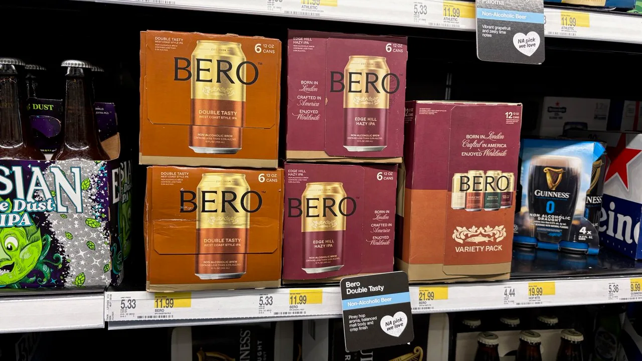 Six-packs of BERO Edge Hill Hazy IPA and Double Tasty West Coast Style IPA on a Target shelf, each box marked non-alcoholic brew