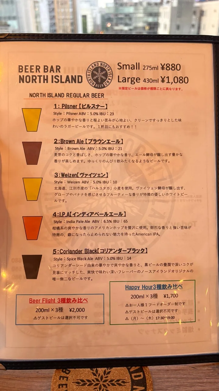 A laminated beer menu on a table listing five regular beers with style notes, prices for small and large sizes at the top, and two tasting-set boxes at the bottom
